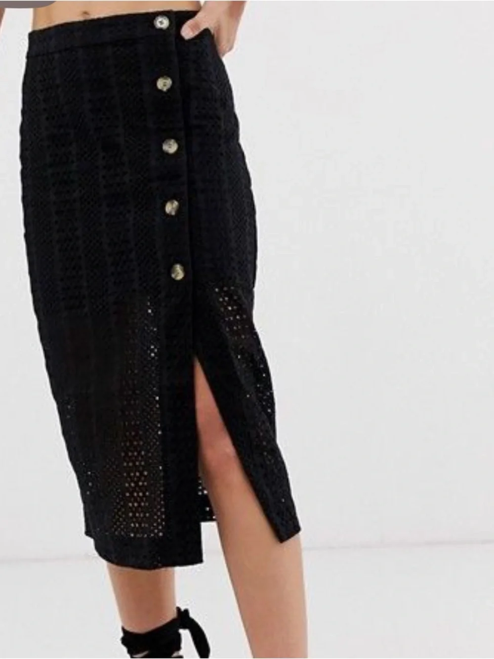 & Other Stories Leilani Black Eyelet Button-Front Midi Skirt Size 6 NWT